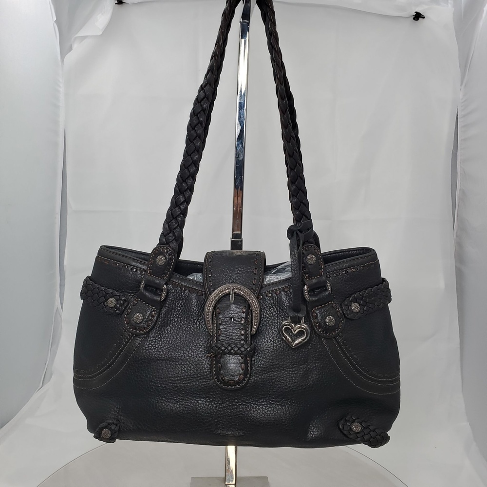 Vintage Y2 KBrighton Black Leather Western Shoulder Bag Braid Buckle Heart Boho